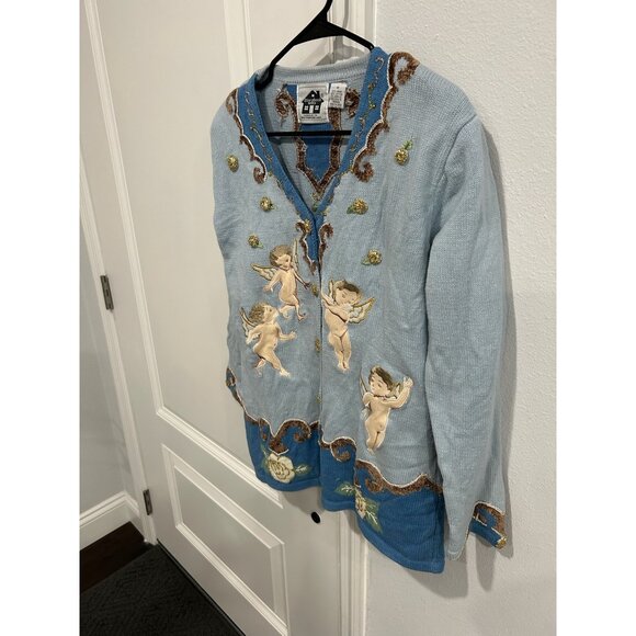 Vintage Storybook Knits Angels Cardigan Sweater Blue Size Medium Heaven Cozy - Picture 3 of 10